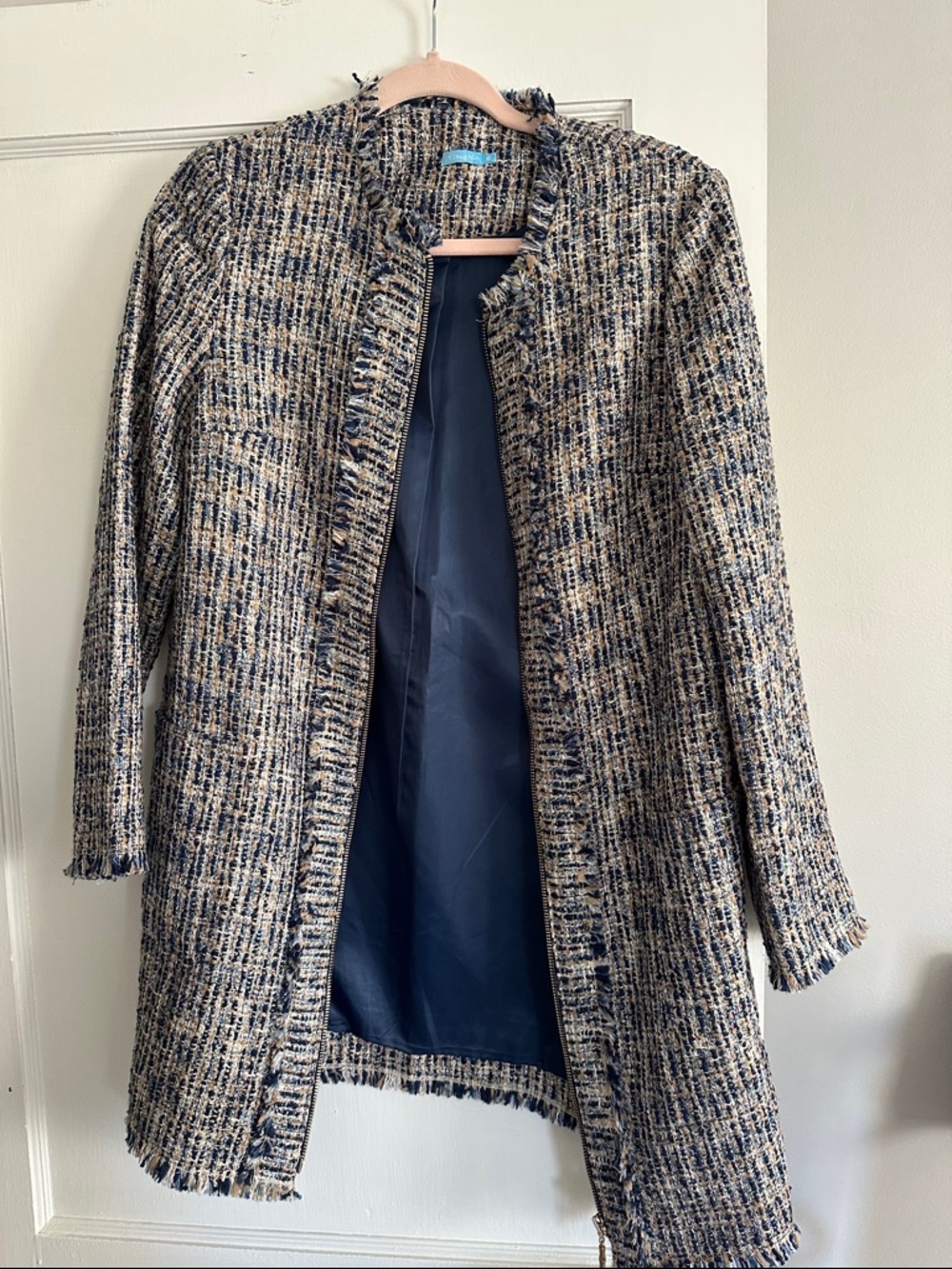 J. McLaughlin Navy and Cream Tweed Fringe Collarless Blazer